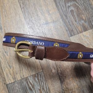 Vintage Giordano Mens Size 34 Leather Belt Logo Crest Print Fabric Overlay